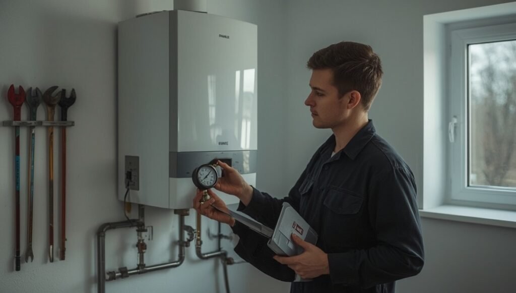 Heizungsmonteur prüft eine wandhängende Gastherme mit digitalem Manometer